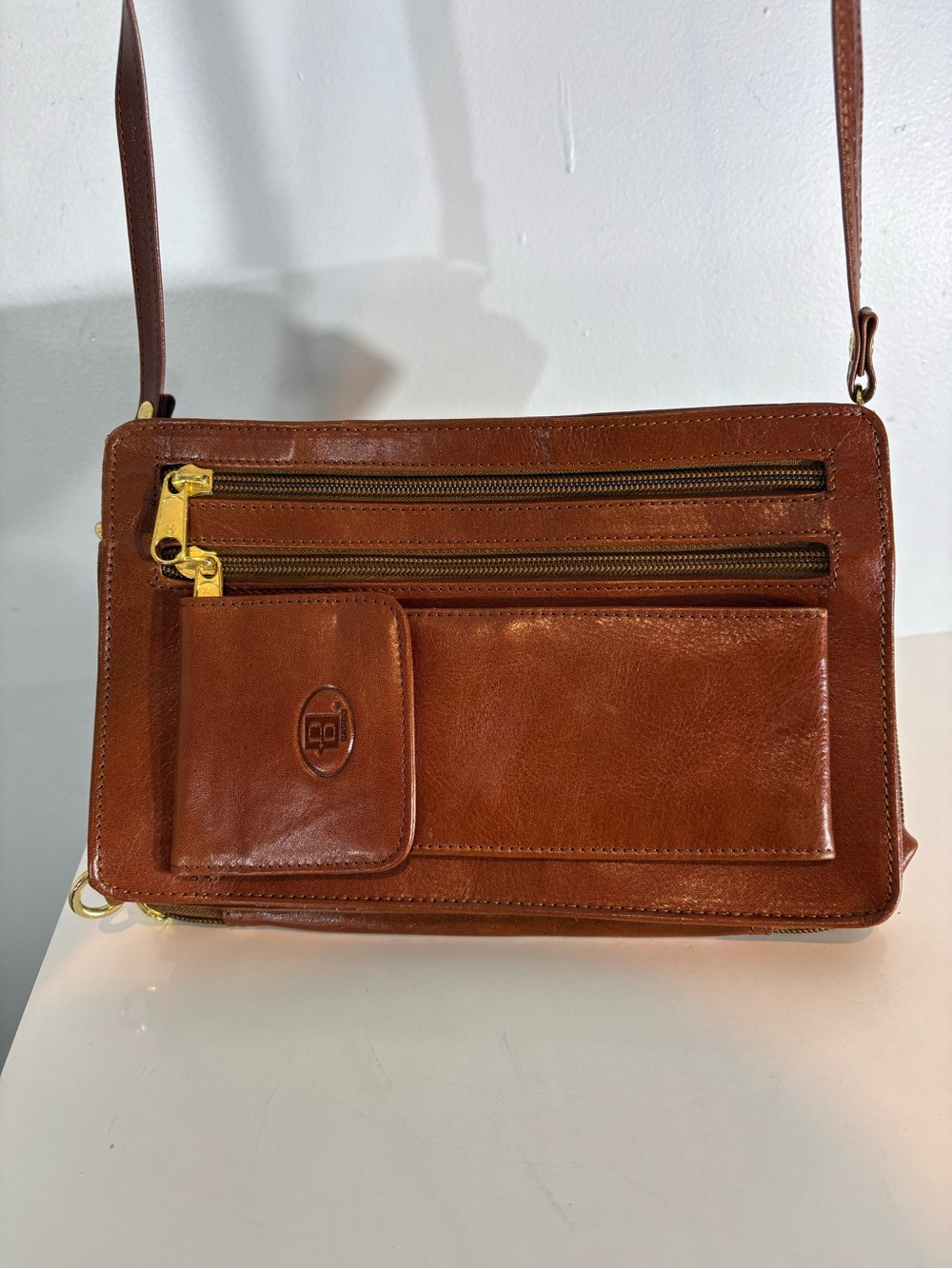 Vintage Cognac Italian Leather Crossbody Travel Organizer Bag